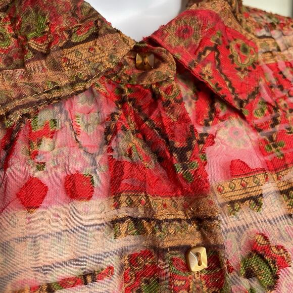 Coldwater Creek Red Aztec Print Sheer Button Up Top Size 1X Statement Boho Flowy - Picture 6 of 11